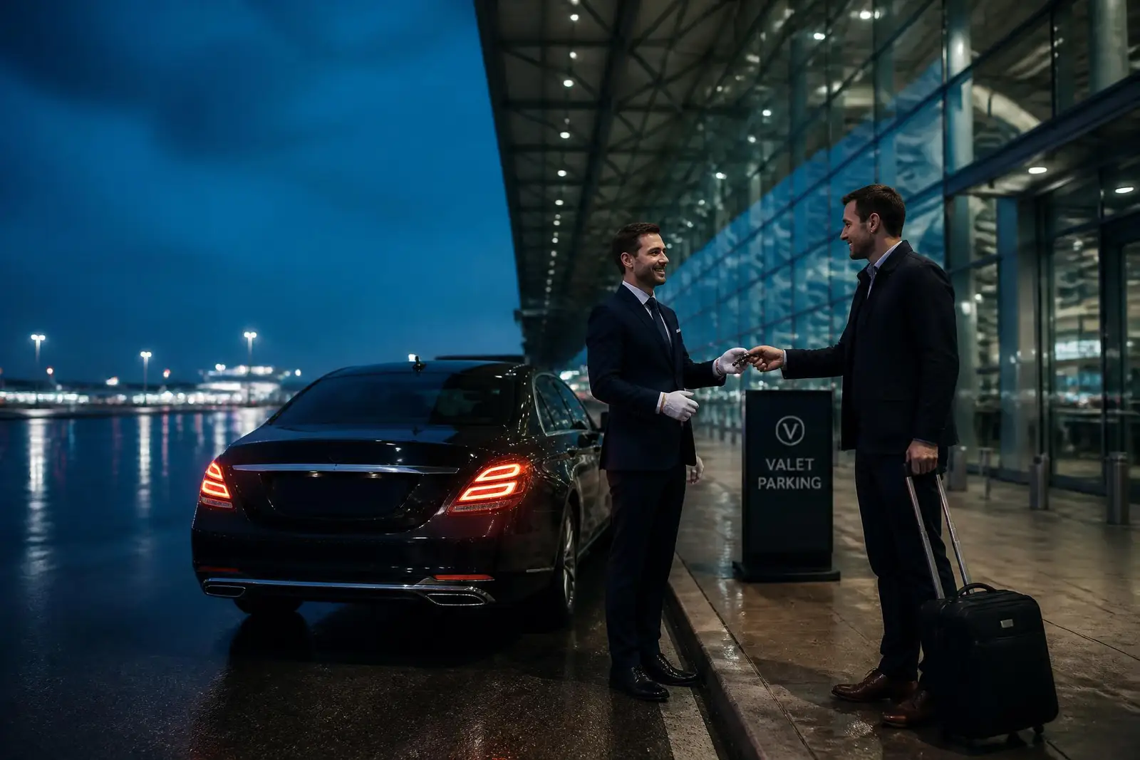 Uniformed chauffeur taking car keys from a traveller outside a Heathrow terminal at dusk